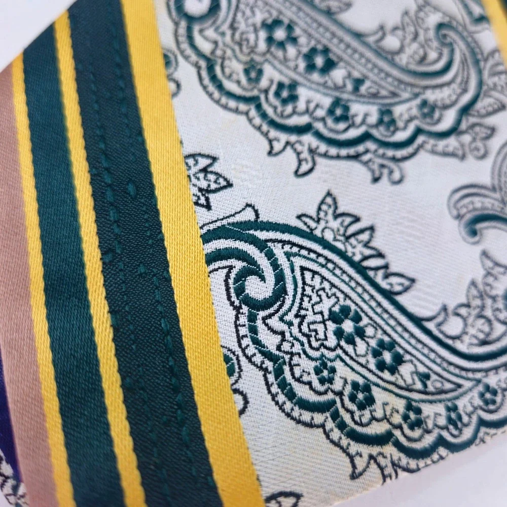 Vintage 70s/80s Jean‎ Claude Vidal Green Gold Mens Paisley Stripe Necktie USA